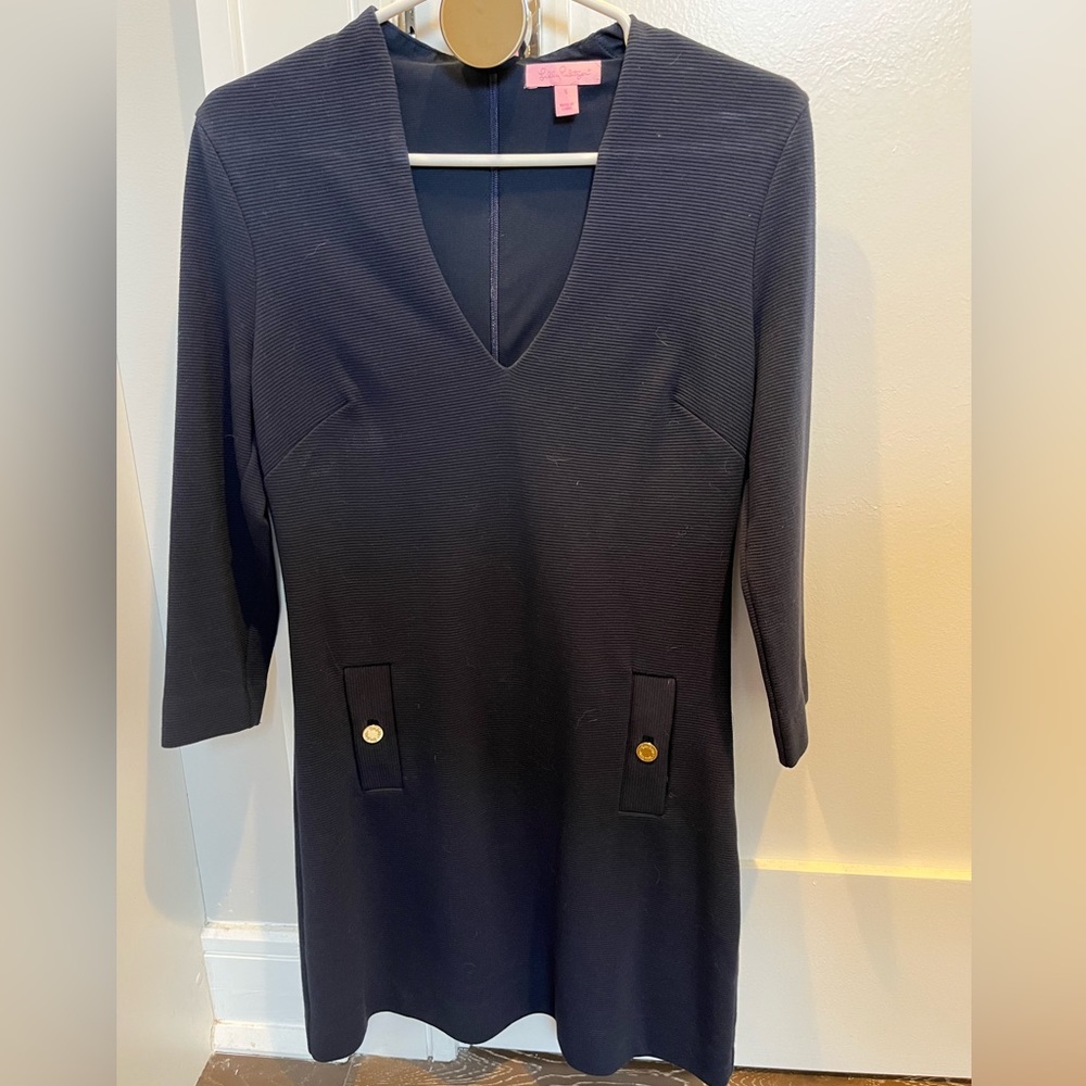 Lilly Pulitzer navy blue dress with gold buttons. Never worn